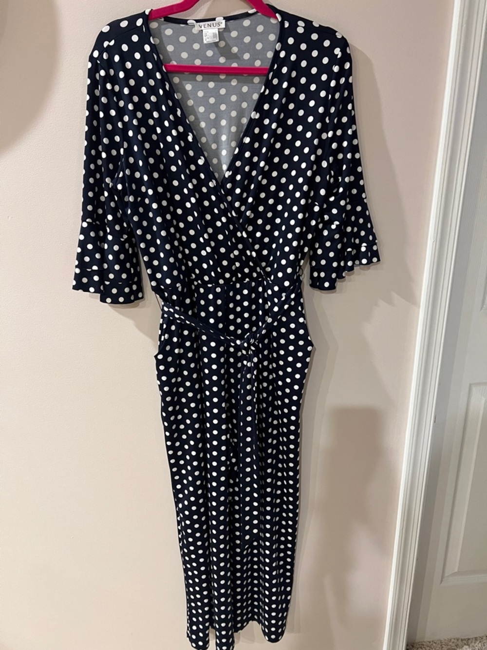 VENUS Navy and White Polka Dot Wrap Jumpsuit With Pockets & Belt Size Large - Picture 3 of 9